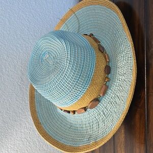 SUN 'N SAND Aqua Blue Beige Beach Hat Wooden Beads Band One Size